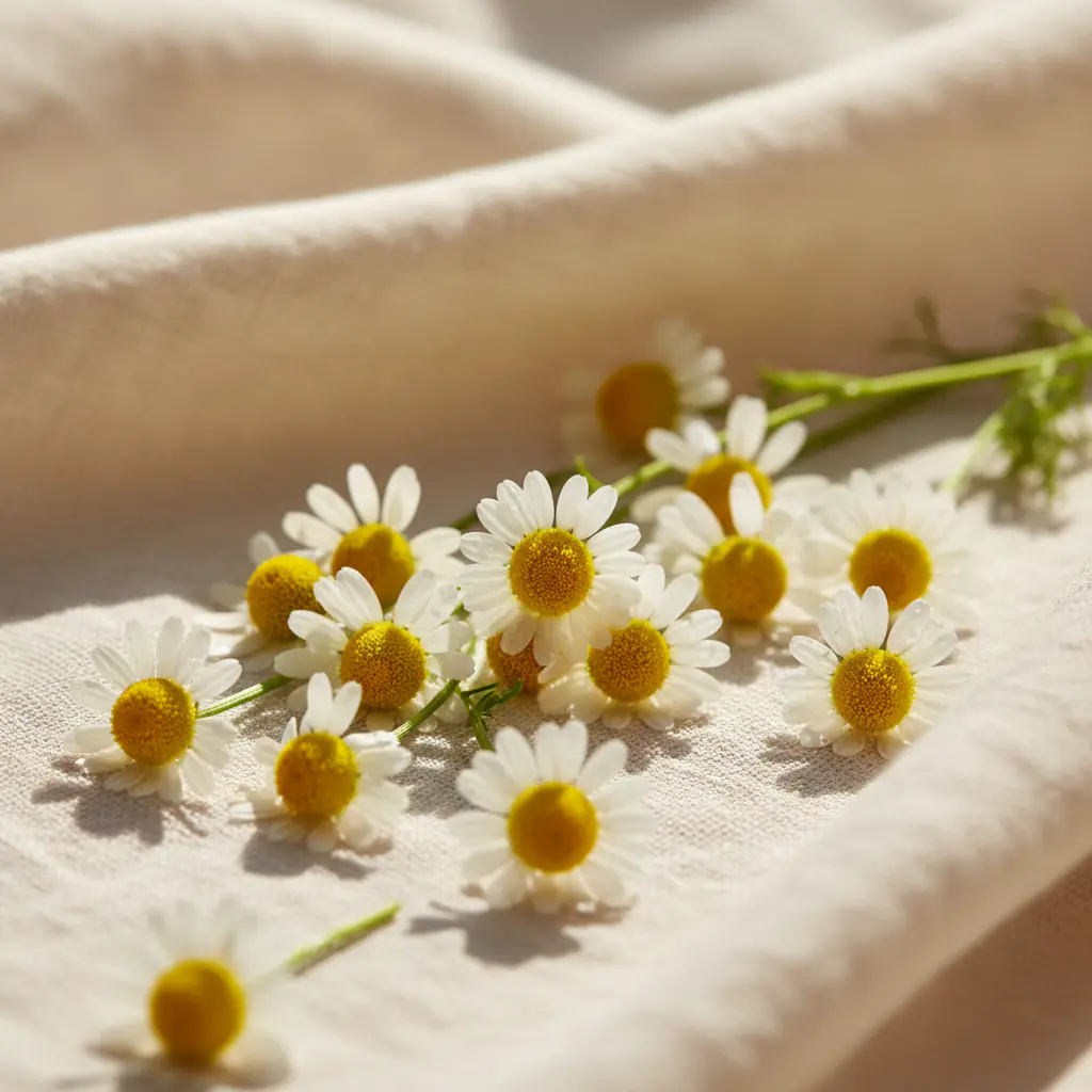 Fresh chamomile flowers on a soft surface