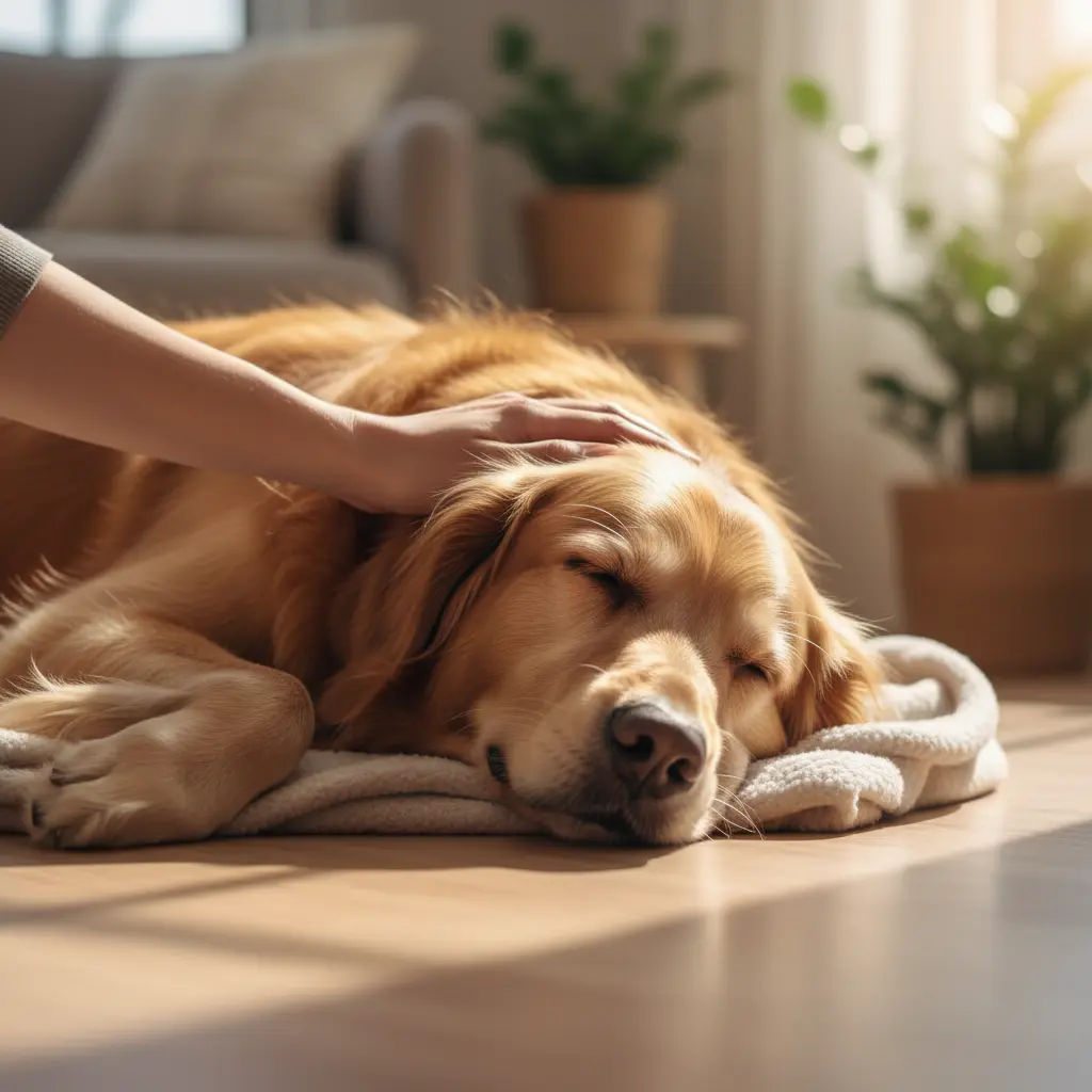 Owner gently stroking a deeply relaxed sleeping dog